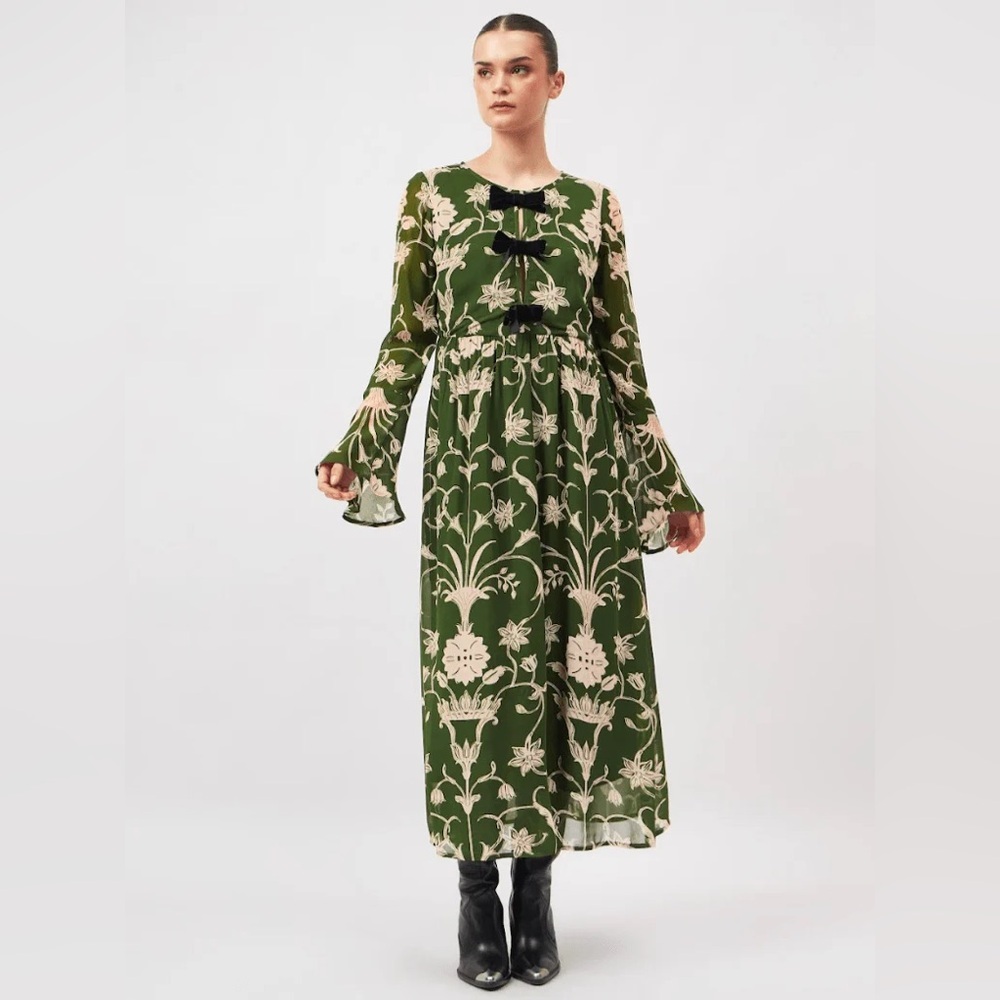 Beyond by Vera Gwen Dress L Meknes Pine Maxi Bow Accents Contemporary Western